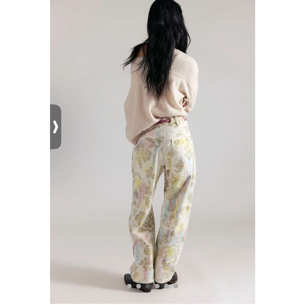Free People Straight-Leg Floral Print Jeans with Pink Tie - Picture 2 of 11